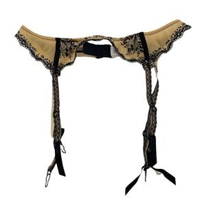 Victorias Secret Garter Belt Beige Black Lace Lingerie Embroidered Womens S
